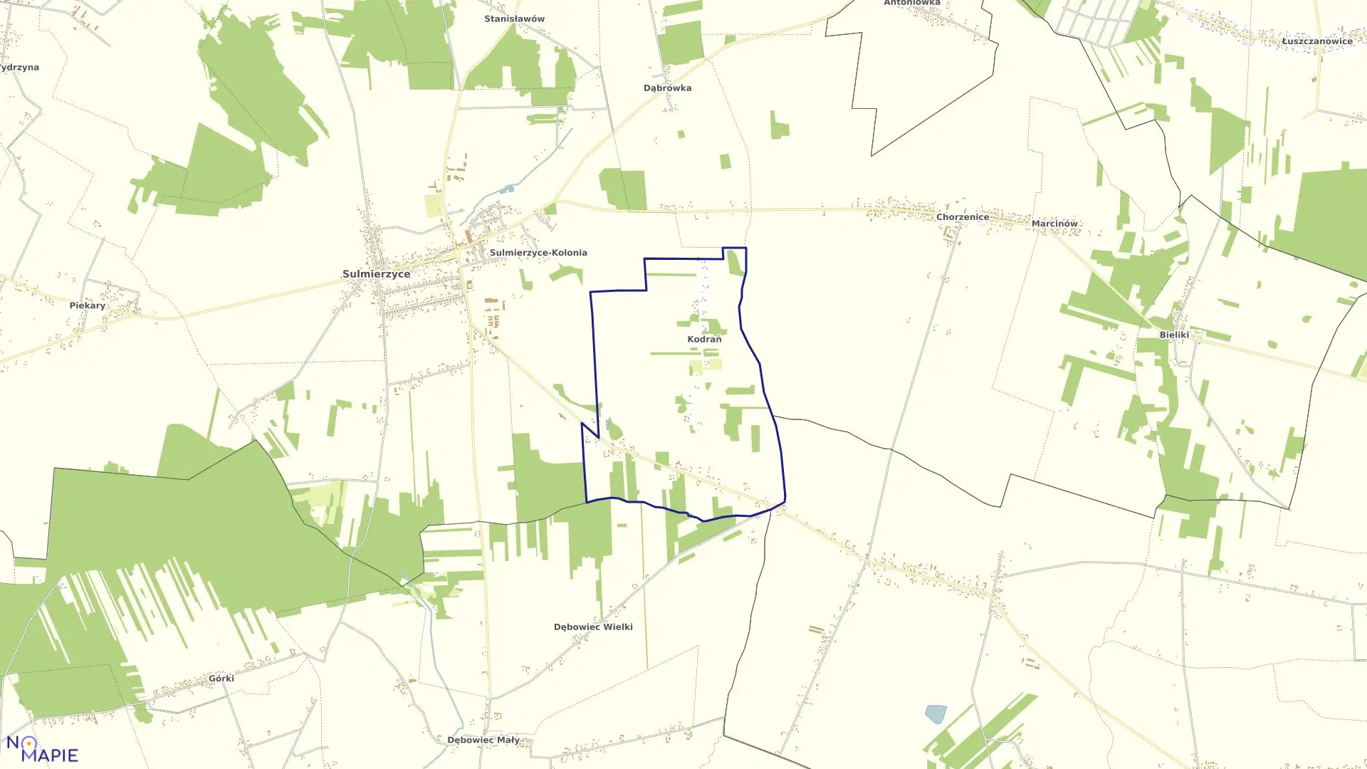 Mapa obrębu Kodrań-Anielów w gminie Sulmierzyce